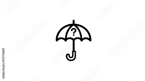 Black outline umbrella icon with question mark, symbolizing uncertainty, risk, protection, insurance, help, and support concept.