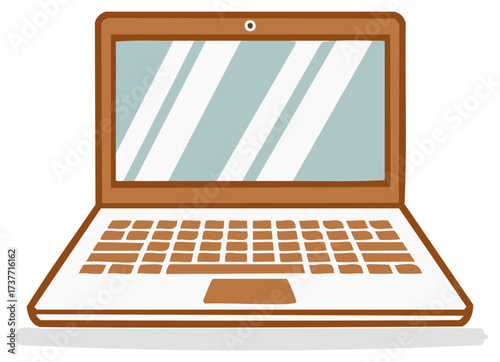 Modern open laptop computer with a light blue reflective screen and brown frame