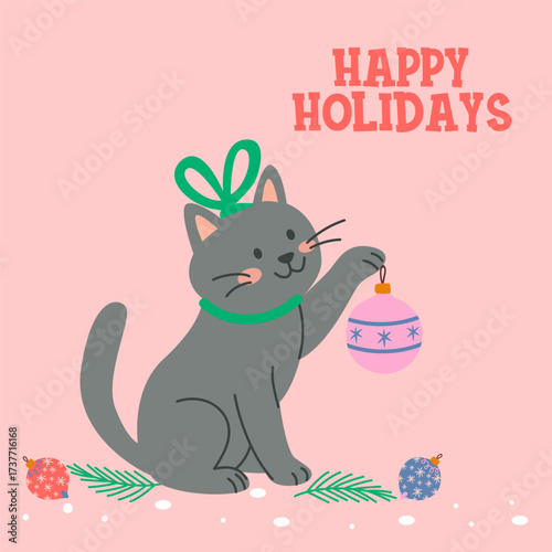 Happy holidays christmas cat background with festive bauble