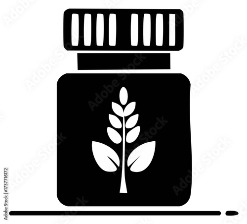 Black Vector Icon: Supplement bottle featuring a botanical grain plant symbol, dietary pills in container, nutrition concept