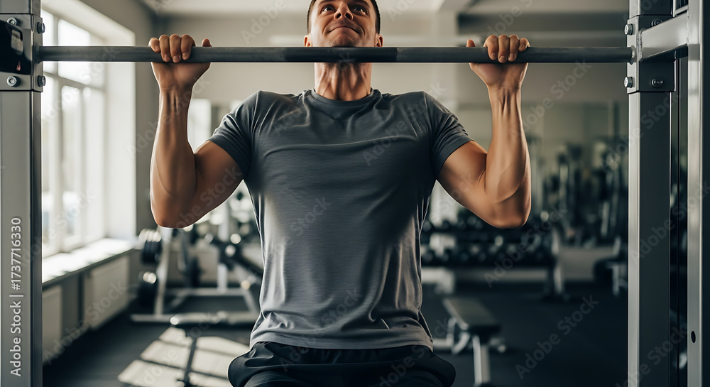 Fototapeta premium Muscular man performing pull - ups in a gym looking determined Building strength and fitness with focused effort Healthy lifestyle