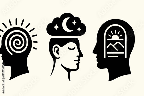Minimalist icon set with surreal and abstract symbols combining unexpected elements — eyes, clouds, keys, ladders, doors, moons, and geometric shapes.