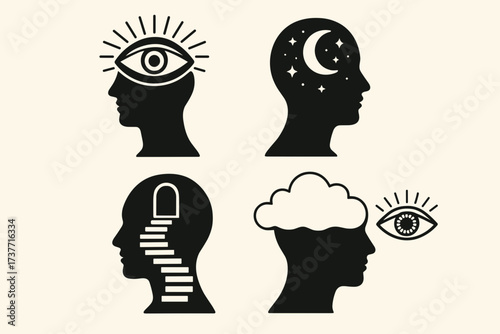 Minimalist icon set with surreal and abstract symbols combining unexpected elements — eyes, clouds, keys, ladders, doors, moons, and geometric shapes.