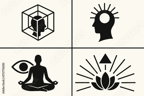 Mind Awakening and Consciousness Icon Set – Meditation, Enlightenment, Awareness, and Spiritual Growth