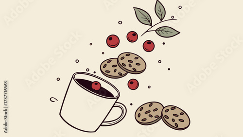 Delicious coffee with cookies and berries vector illustration for food and drink art