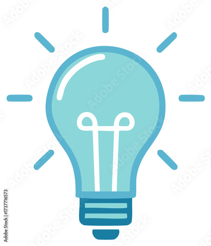 Cartoon blue light bulb glowing with rays symbolizing new idea innovation energy