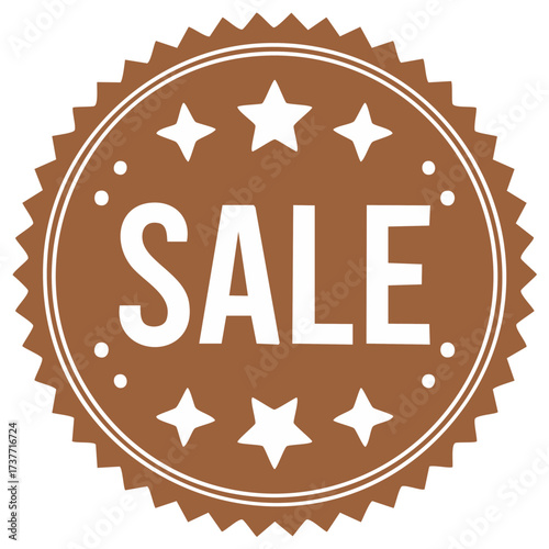 Brown Sale Stamp with White Stars and Dots, Promotional Badge for Product Discounts and Special Offers