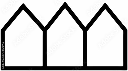 Minimalist black outline illustration of three residential houses in a row, symbolizing community, property, or real estate.