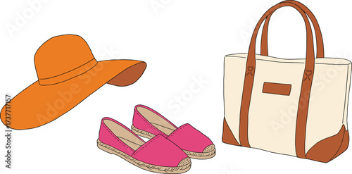Summer beach accessories set, wide-brim hat, canvas tote bag, espadrilles shoes, colorful illustration, women’s fashion, vacation outfit, casual style