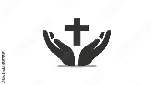 Hands supporting a Christian cross icon, symbol of faith, prayer, religion, hope, and spiritual offering, vector illustration.