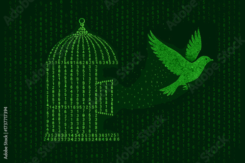 Digital Freedom – Bird Escaping Binary Code Cage Concept