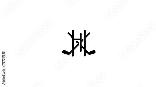 Minimalist black line art illustration of abstract crossed hockey sticks on a white background, representing winter sports and competition.