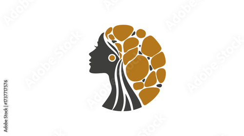 Elegant woman silhouette in profile with natural, abstract organic golden-brown hair, symbolizing beauty, strength, and empowerment.