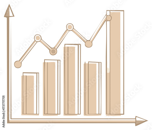 Hand drawn bar chart and line graph showing upward trend and growth on white background