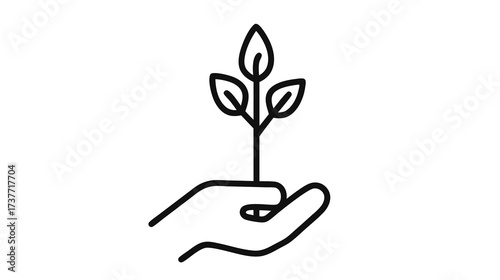 Sustainable growth concept with hand holding a small plant icon. Eco-friendly organic environmental protection vector outline illustration.