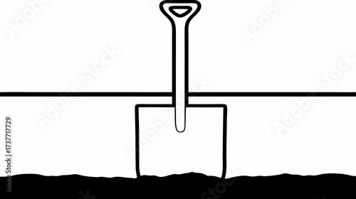 Shovel Digging into Earth Line Art Icon. Simple Black and White Graphic for Gardening, Construction, or Groundwork Concept.