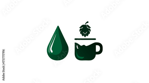 Natural hop cone and liquid droplet icon set for craft brewing, herbal beverages, and organic ingredients concept