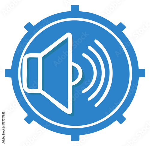 Blue gear and speaker icon with sound waves symbolizing audio settings and volume control