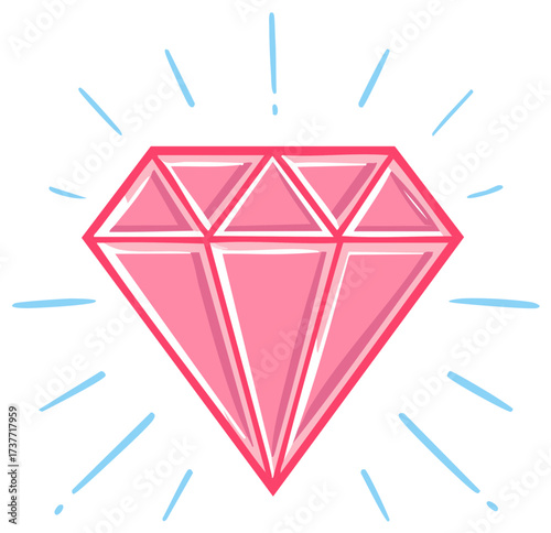 Sparkling pink diamond cartoon, vector gem illustration, shine lines