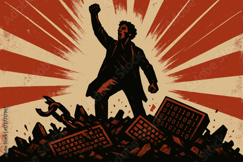 Rising from Ruins – Silhouette of Man with Raised Fist Standing in Destroyed City