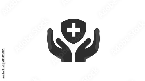 Healthcare protection icon with hands supporting a shield and medical cross. Concept of health, safety, insurance, and well-being.