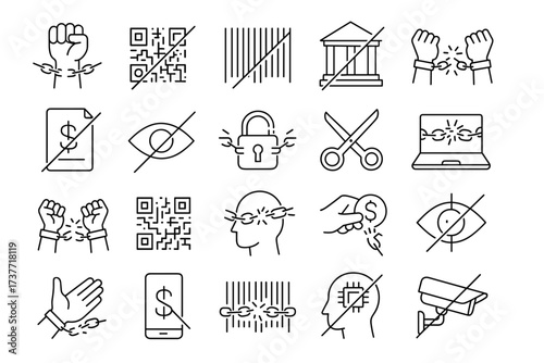 Freedom and Surveillance Linear Icons Set – Human Rights and Privacy Concept