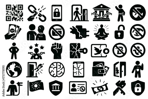 Freedom and Digital Control Icons Set – Social Awareness and Surveillance Concept