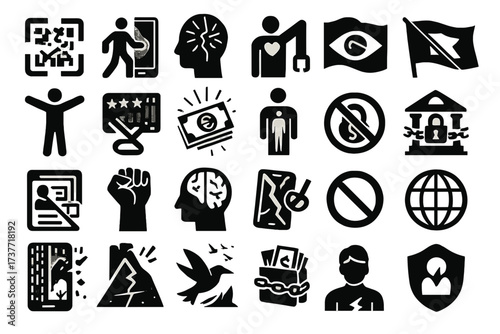 Freedom and Digital Control Icons Set – Social Awareness and Surveillance Concept
