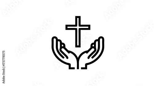 Praying hands holding Christian cross outline icon. Symbolizing faith, religion, spirituality, devotion, and worship. Vector graphic.