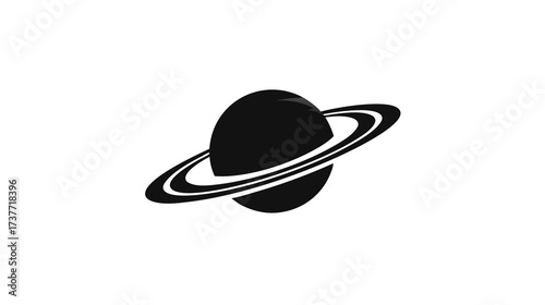 Minimalist black planet with rings symbol on white background. Cosmic celestial body icon, space illustration, solar system concept.