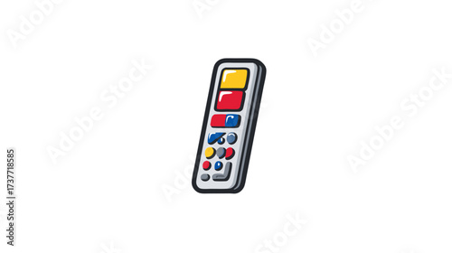 Colorful cartoon illustration of a modern remote control device with bright buttons for electronics and entertainment.