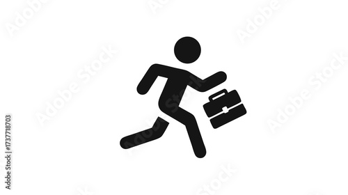 Icon of businessman running with briefcase, symbolizing urgency, deadline, career, and fast-paced professional work. Black silhouette.