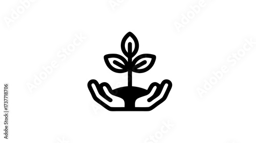 Sustainable growth icon: hands gently holding a small plant. Symbolizing nature care, environmental protection, and eco-friendly concepts.