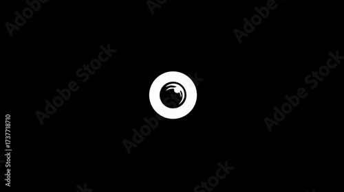 Minimalist abstract white eye symbol with dark pupil on a black background, representing vision, focus, and observation.