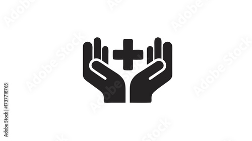 Healthcare support icon with cupped hands holding a medical cross, symbolizing care, aid, and wellbeing. Medical assistance concept.