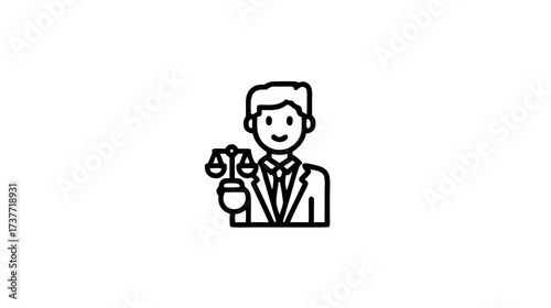 Outline Vector Icon: Male Lawyer or Legal Professional in Suit Holding Scales of Justice, Symbolizing Law, Equity, and Rights