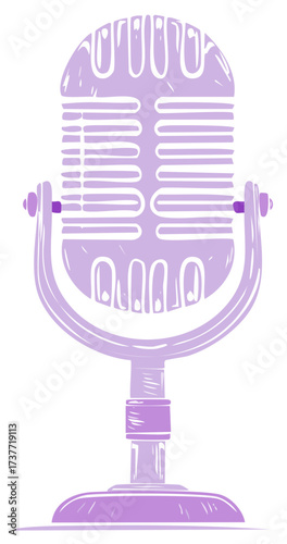 Vintage studio microphone in a hand-drawn purple woodcut illustration style