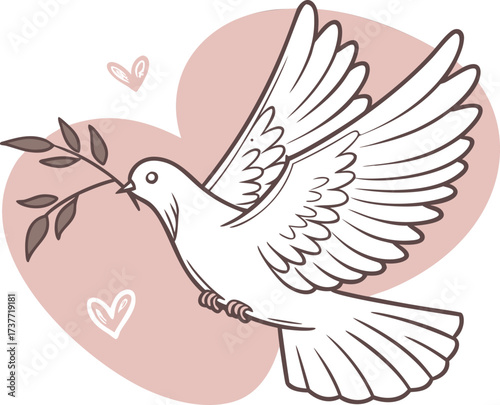 Dove of peace vector illustration, cute cartoon white bird flying with an olive branch and heart shapes on a soft background. Symbol of love, hope, and freedom, lovely flat design element for wedding 
