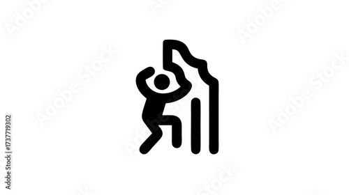 Mountain or rock climbing minimalist icon, black outline pictogram of a person ascending a cliff, adventure sport graphic.
