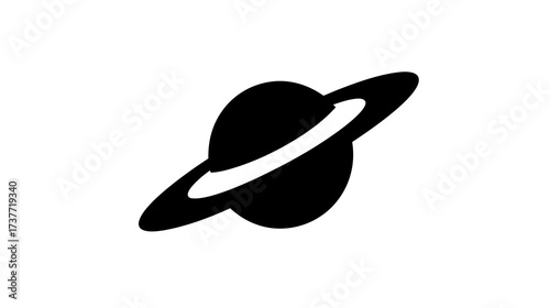 Minimalist black silhouette icon of a ringed planet on a white background, representing space, astronomy, and the solar system.