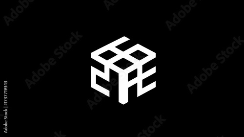 Modern abstract white geometric pattern on black background. Minimalist cubic design element with clean lines.