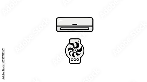 Modern air conditioner unit and fan control panel vector icon set. HVAC system, cooling, and climate control illustration on white background.