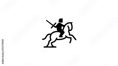 Minimalist black line art icon of a medieval knight on a rearing horse with a sword, emblem of strength, victory, and history.