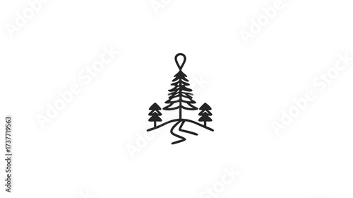 Simple Line Art Illustration of Pine Trees and Winding Path with Loop Icon, Minimalist Nature Landscape Vector Design