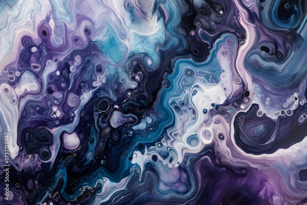 Obraz premium Abstract artwork showing fluid acrylic paint blending and creating artistic swirls in shades of purple, blue, and white