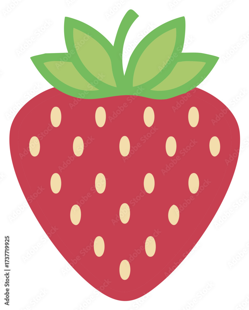 Fototapeta premium Sweet ripe red strawberry fruit illustration with vibrant green leaves and yellow seeds