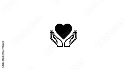 Minimalist black heart held gently in cupped hands icon, symbolizing love, care, support, generosity, and charitable giving.