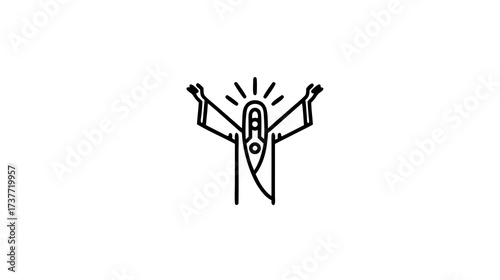 Minimalist line art icon of a spiritual figure with arms outstretched and radiating light, symbolizing divine blessing, worship, and hope.