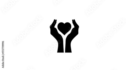 Hands cupping a heart symbol. Black silhouette icon of care, love, protection, support, and charity on white background.