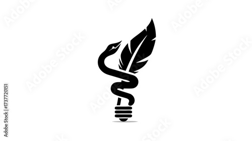 Wisdom and creativity concept graphic: Snake, quill pen, and light bulb icon representing knowledge, writing, and innovative ideas.